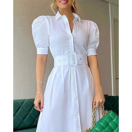 Office Long Short Sleeve Large Swing Dress with Belt