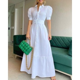 Office Long Short Sleeve Large Swing Dress with Belt