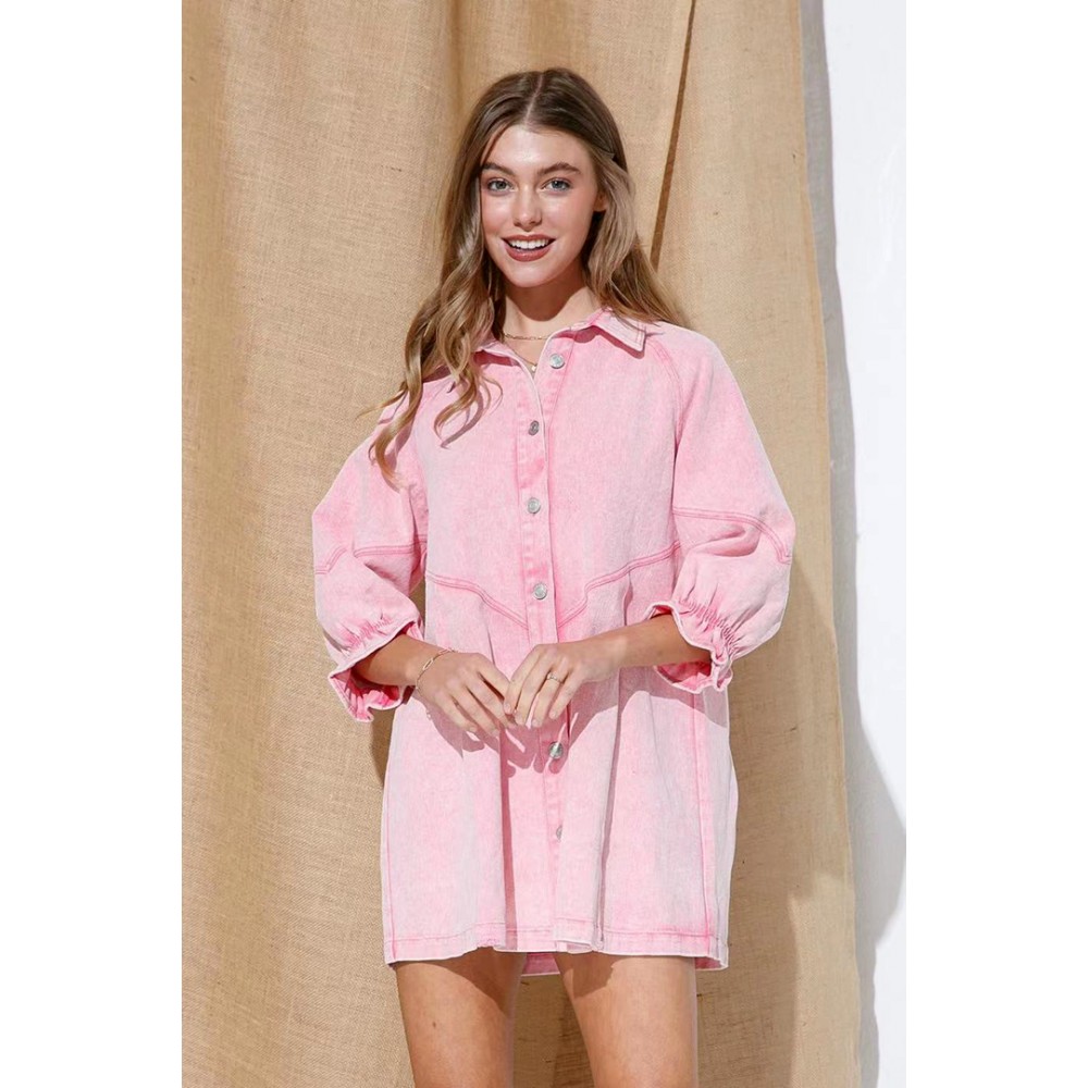 Fried Sand Vintage Wash Denim Loose Lantern Sleeve Shirt Dress Popular