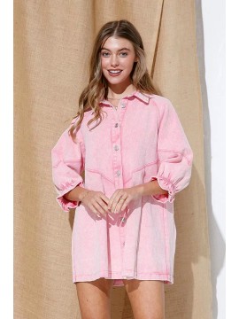 Fried Sand Vintage Wash Denim Loose Lantern Sleeve Shirt Dress Popular