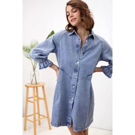 Fried Sand Vintage Wash Denim Loose Lantern Sleeve Shirt Dress Popular
