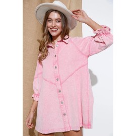 Fried Sand Vintage Wash Denim Loose Lantern Sleeve Shirt Dress Popular