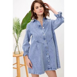 Fried Sand Vintage Wash Denim Loose Lantern Sleeve Shirt Dress Popular