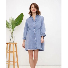 Fried Sand Vintage Wash Denim Loose Lantern Sleeve Shirt Dress Popular