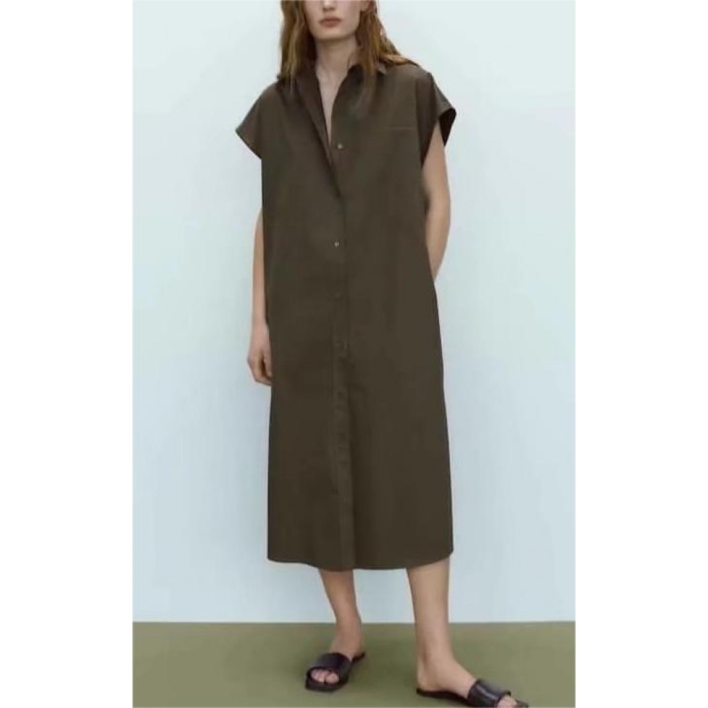 Summer Women Clothing Collared Short Sleeve Breasted Chest Pocket Shirt Dress for Women