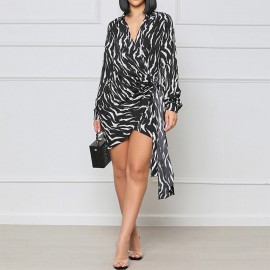 Women Clothing Zebra Print Printed Short V-neck Lace-up Waist Irregular Asymmetric Dress