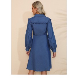 Spring Autumn Women Clothing Collared Wooden Ear Solid Color Denim Long Sleeve Dress