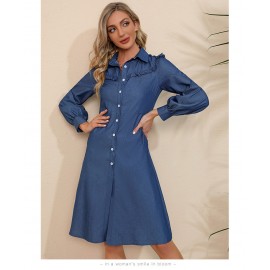 Spring Autumn Women Clothing Collared Wooden Ear Solid Color Denim Long Sleeve Dress