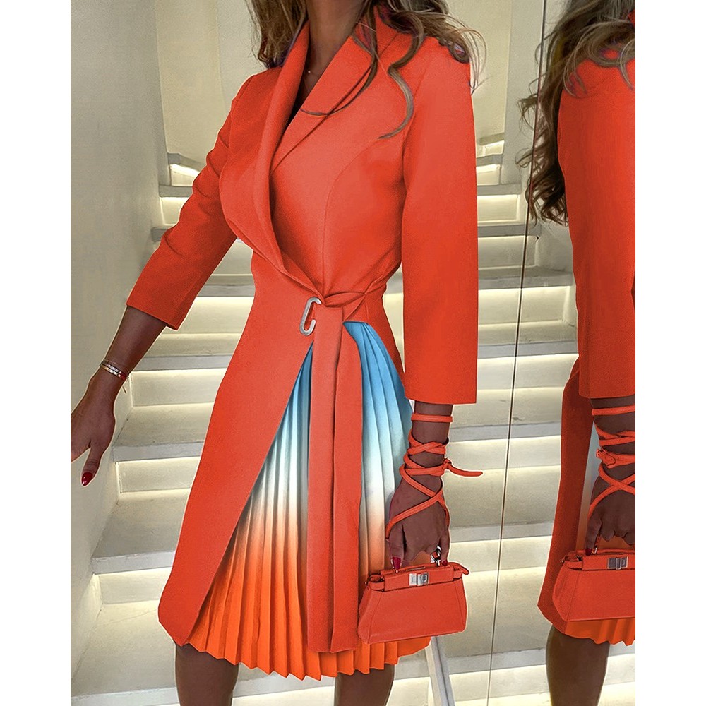 New V Neck Lace Up Waist Middle Sleeve Pleated Dress