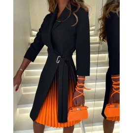 New V Neck Lace Up Waist Middle Sleeve Pleated Dress