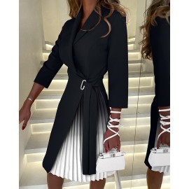 New V Neck Lace Up Waist Middle Sleeve Pleated Dress