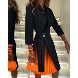 New V Neck Lace Up Waist Middle Sleeve Pleated Dress