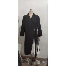 New V Neck Lace Up Waist Middle Sleeve Pleated Dress