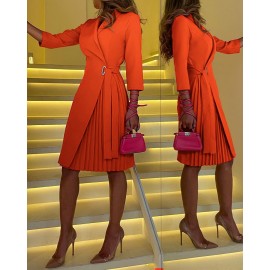 New V Neck Strap Waist Medium Solid Thousand Bird Grid Pleated Dress