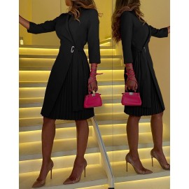 New V Neck Strap Waist Medium Solid Thousand Bird Grid Pleated Dress