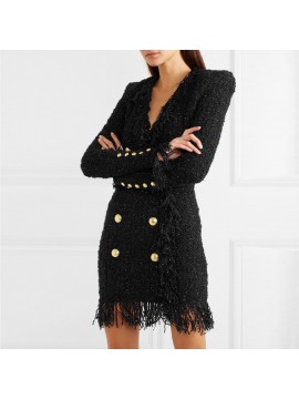 Bright Silk Woolen Tassel Double Breasted V neck Long-Sleeved Slim Fit Short Dress Coat