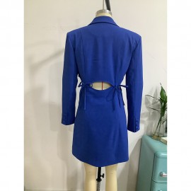 Spring Autumn Women Clothing Wild Coat V Neck Long Sleeve Hollow Out Cutout Thin Collared Blazer Dress