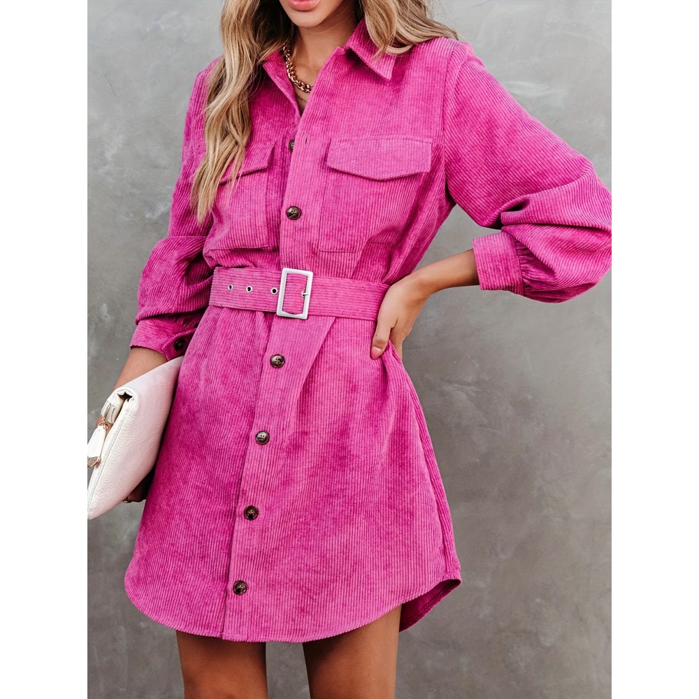 Women Spring Fall Solid Collared Daily Office Long Sleeve A Line Dress