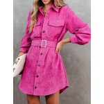 Women Spring Fall Solid Collared Daily Office Long Sleeve A Line Dress