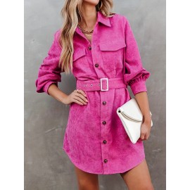 Women Spring Fall Solid Collared Daily Office Long Sleeve A Line Dress