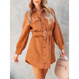 Women Spring Fall Solid Collared Daily Office Long Sleeve A Line Dress