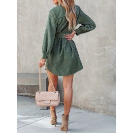 Women Spring Fall Solid Collared Daily Office Long Sleeve A Line Dress