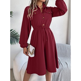 Real Shot Autumn Winter Casual Button Lace up Waist Controlled Long Sleeves Shirt Dress Women Clothing