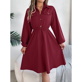 Real Shot Autumn Winter Casual Button Lace up Waist Controlled Long Sleeves Shirt Dress Women Clothing
