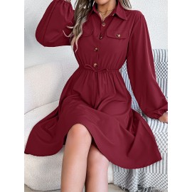 Real Shot Autumn Winter Casual Button Lace up Waist Controlled Long Sleeves Shirt Dress Women Clothing