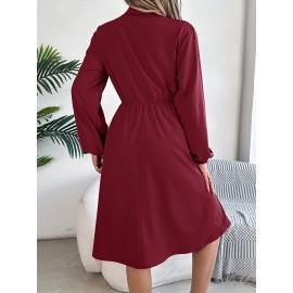 Real Shot Autumn Winter Casual Button Lace up Waist Controlled Long Sleeves Shirt Dress Women Clothing