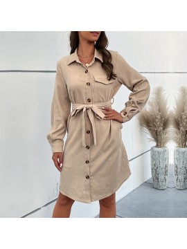 Autumn Dress Long Sleeve Solid Color Corduroy Shirt Dress