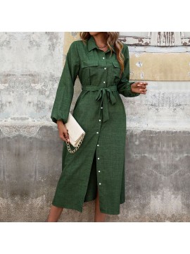 Fall Women Clothing Turn down Collar Green Long Sleeve Solid Color Dress