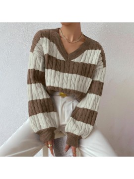Autumn Winter Lazy Knitwear Loose Women V Neck Retro Contrast Color Striped Sweater