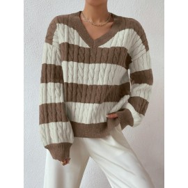 Autumn Winter Lazy Knitwear Loose Women V Neck Retro Contrast Color Striped Sweater