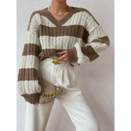 Autumn Winter Lazy Knitwear Loose Women V Neck Retro Contrast Color Striped Sweater