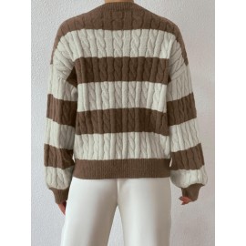 Autumn Winter Lazy Knitwear Loose Women V Neck Retro Contrast Color Striped Sweater