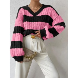 Autumn Winter Lazy Knitwear Loose Women V Neck Retro Contrast Color Striped Sweater