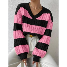 Autumn Winter Lazy Knitwear Loose Women V Neck Retro Contrast Color Striped Sweater