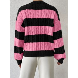 Autumn Winter Lazy Knitwear Loose Women V Neck Retro Contrast Color Striped Sweater