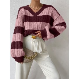 Autumn Winter Lazy Knitwear Loose Women V Neck Retro Contrast Color Striped Sweater