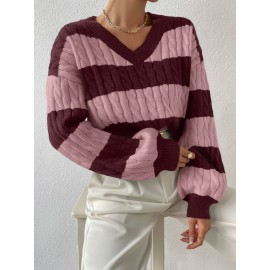 Autumn Winter Lazy Knitwear Loose Women V Neck Retro Contrast Color Striped Sweater