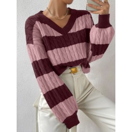 Autumn Winter Lazy Knitwear Loose Women V Neck Retro Contrast Color Striped Sweater