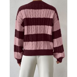 Autumn Winter Lazy Knitwear Loose Women V Neck Retro Contrast Color Striped Sweater