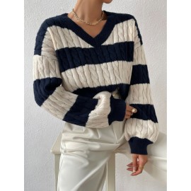 Autumn Winter Lazy Knitwear Loose Women V Neck Retro Contrast Color Striped Sweater