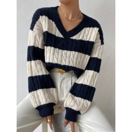 Autumn Winter Lazy Knitwear Loose Women V Neck Retro Contrast Color Striped Sweater