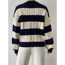 Autumn Winter Lazy Knitwear Loose Women V Neck Retro Contrast Color Striped Sweater