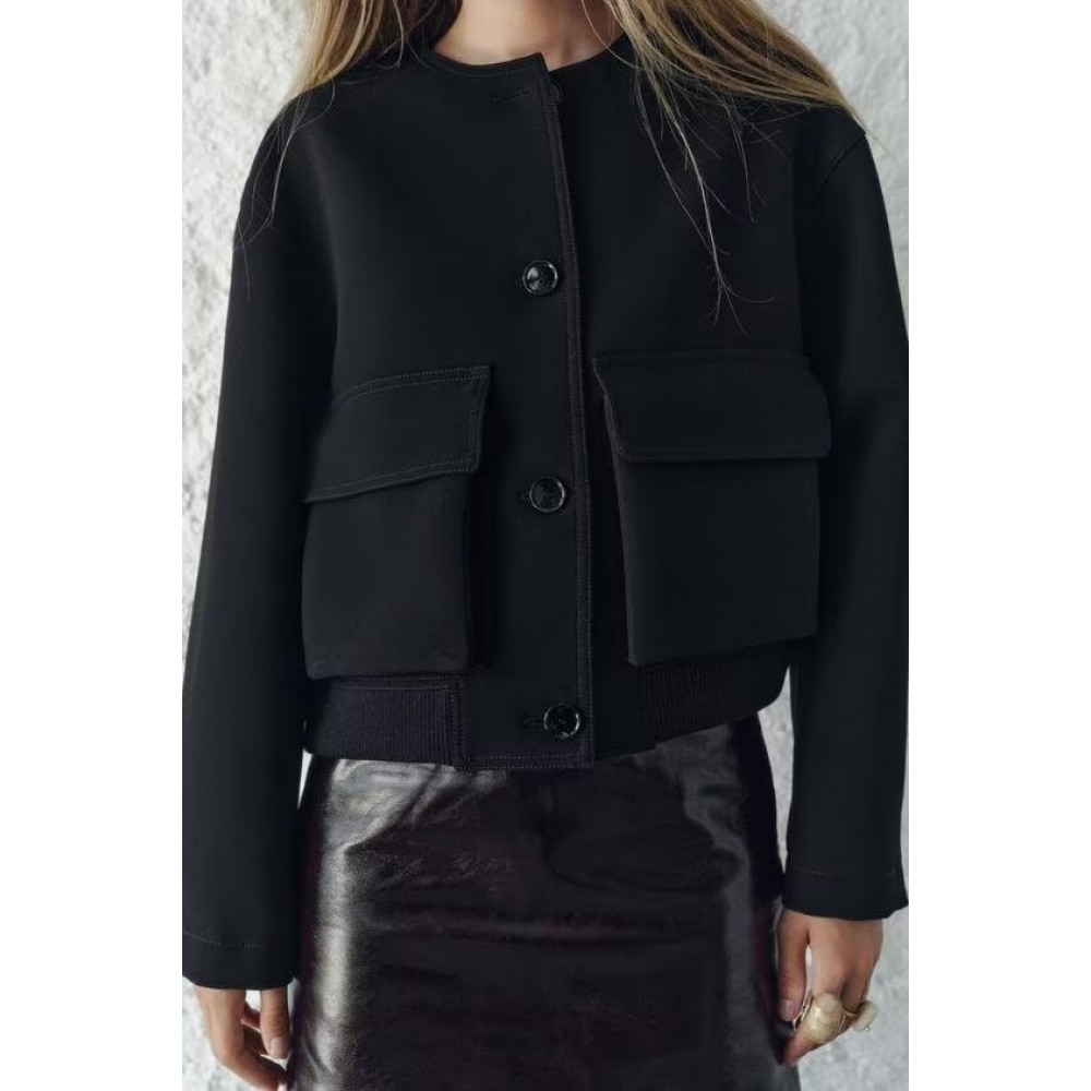 Women Clothing Simple Pocket Bomber Jacket Coat