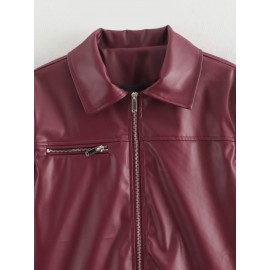 Fall Women Clothing Stylish Simple Zipper Leather Jacket Coat