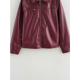 Fall Women Clothing Stylish Simple Zipper Leather Jacket Coat