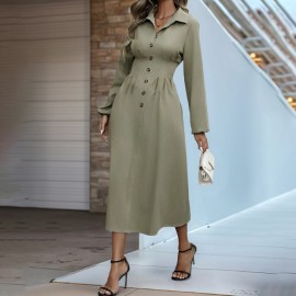 Spring Autumn Cardigan Button Polo Collar Solid Color Long Sleeve Slim Fit Dress